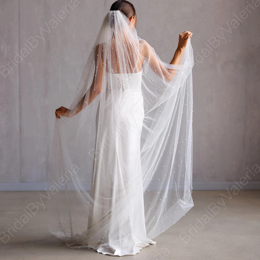 Pearl Single Layer Cathedral Bridal Veil With Scattered Pearls for Modern Stylish Wedding - Etsy | Etsy (US)