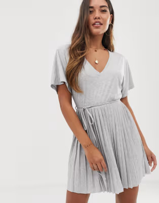 ASOS DESIGN v neck mini dress with pleated skirt and self belt | ASOS US