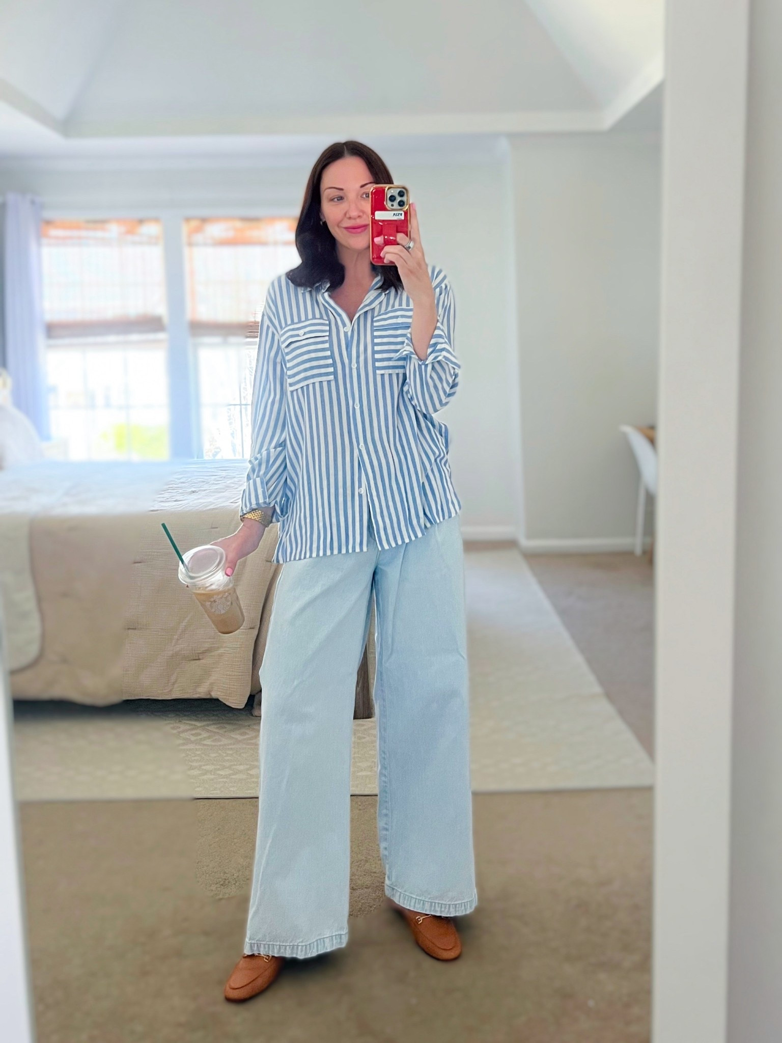 OOTD: the best striped button down that I never have to iron! Paired with baggy jeans and mules for a casual mom fit. 
**Wearing size medium for loser fit 

#LTKootd #LTKgrwm #LTKmomlife