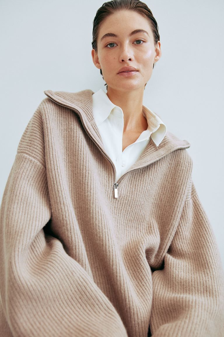 Zip-top rib-knit jumper - Beige - Ladies | H&M GB | H&M (UK, MY, IN, SG, PH, TW, HK)