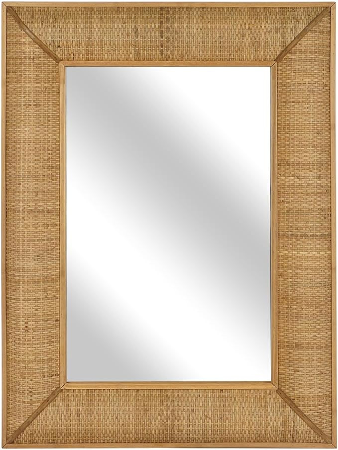Synovana Boho Rattan Wall Mirror Wooden Framed Rectangle Mirror Rattan Decorative Farmhouse Hangi... | Amazon (US)