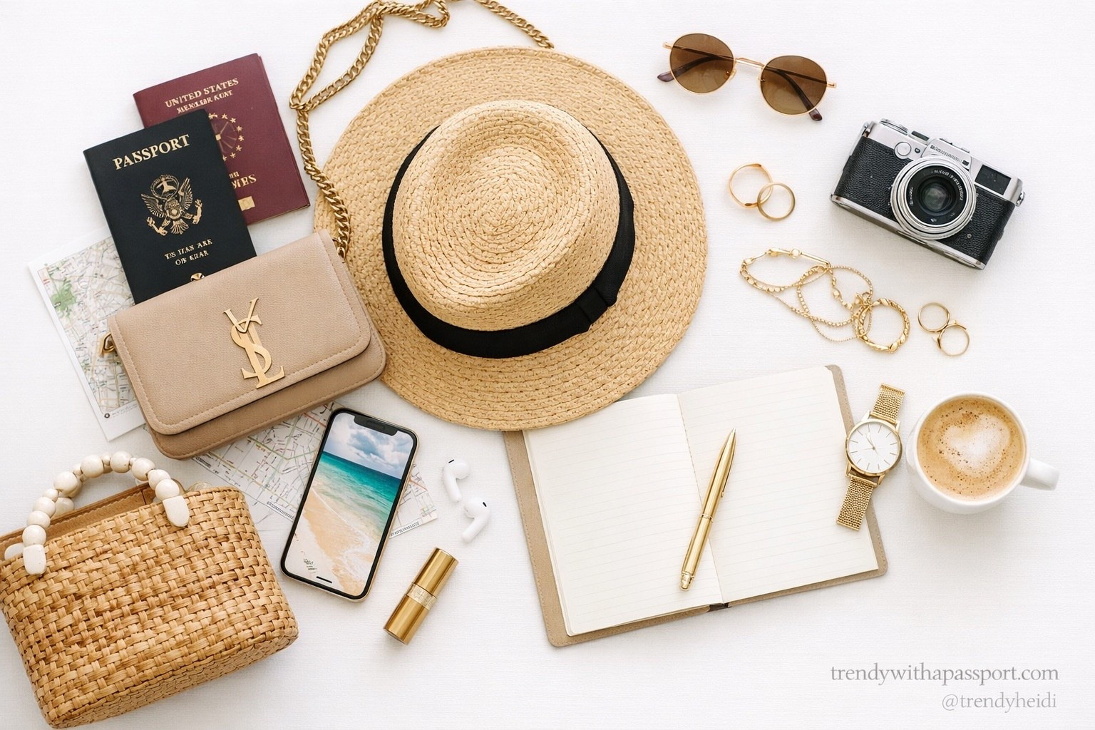 
A clean, elevated flatlay styled on a soft white textured background featuring a chic travel-meets-lifestyle aesthetic. A woven straw hat with black ribbon anchors the center, surrounded by neutral luxury accessories: a beige designer-inspired crossbody bag with gold hardware, a structured straw tote, layered gold jewelry, classic round sunglasses, and a minimalist gold watch. Travel details include a U.S. passport, folded city map, vintage camera, smartphone displaying a serene beach scene, wireless earbuds, and a leather-bound notebook with gold pen. A warm cappuccino adds a cozy café moment, blending wanderlust with effortless sophistication. The palette is soft neutrals—beige, tan, gold, and ivory—creating a timeless, polished, European-inspired travel aesthetic. Branding text “trendywithapassport.com” and “@trendyheidi” appears subtly in the corner for a refined, editorial finish.

⸻

Hashtags (Pinterest + Instagram optimized)

#trendywithapassport
#trendyheidi
#flatlayinspo
#travelstyle
#neutralaesthetic
#chiclifestyle
#everydayluxury
#capsulewardrobe
#travelflatlay
#pinterestaesthetic
#minimalstyle
#cozyvibes
#europeaninspired
#beigeaesthetic

#LTKootd #LTKgrwm #LTKdayinmylife