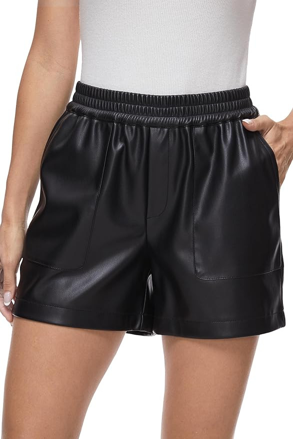 Fahsyee Black Leather Shorts Women - Sexy High Waist Faux Pu Pleather Elastic Casual Short with P... | Amazon (US)