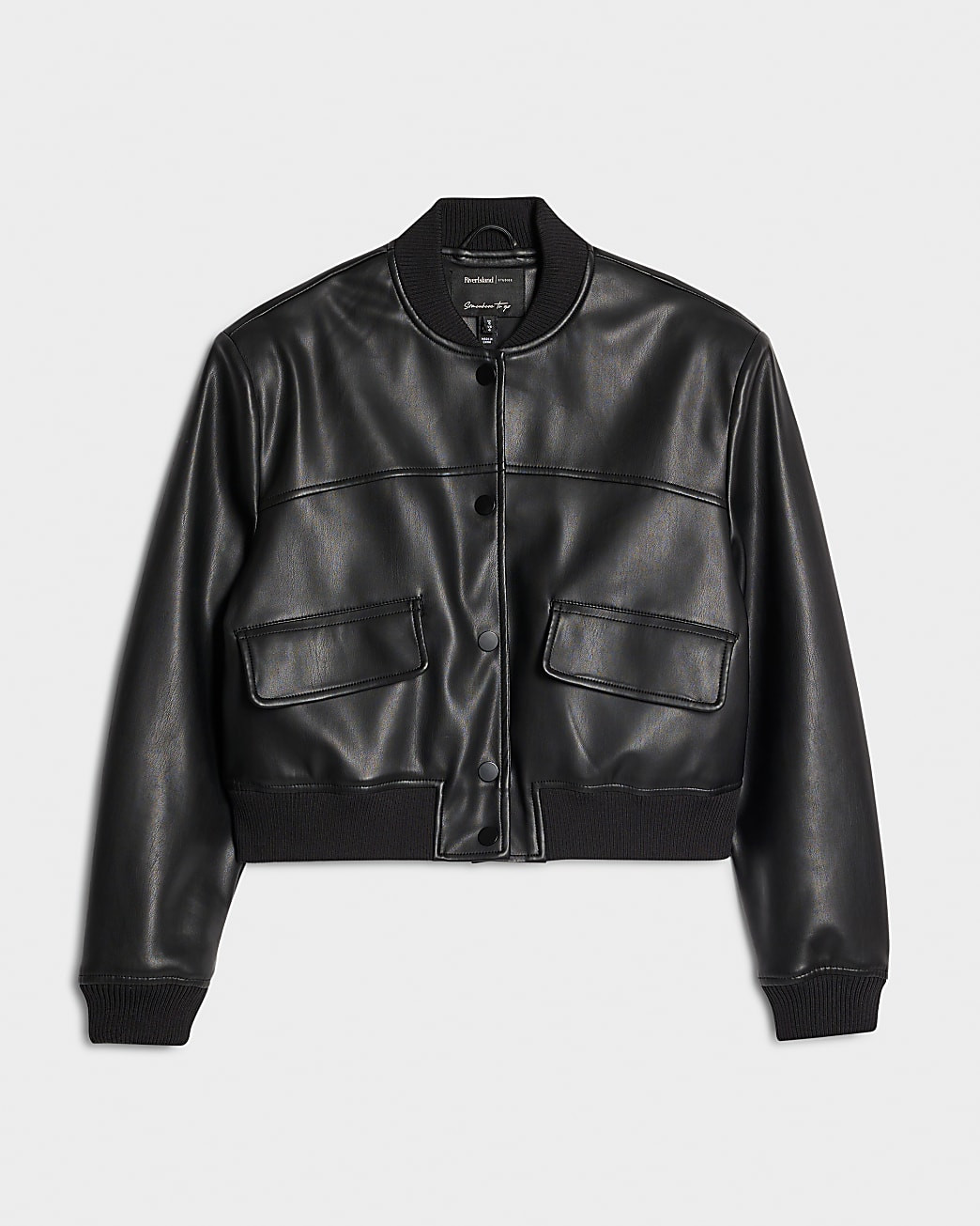 Black Faux Leather Cropped Bomber Jacket | River Island UK & IE