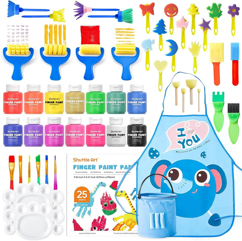 Washable Finger Paint Set, Shuttle Art 46 Pack Kids Paint Set with 14 Colors(60ml) Finger Paints,... | Amazon (US)