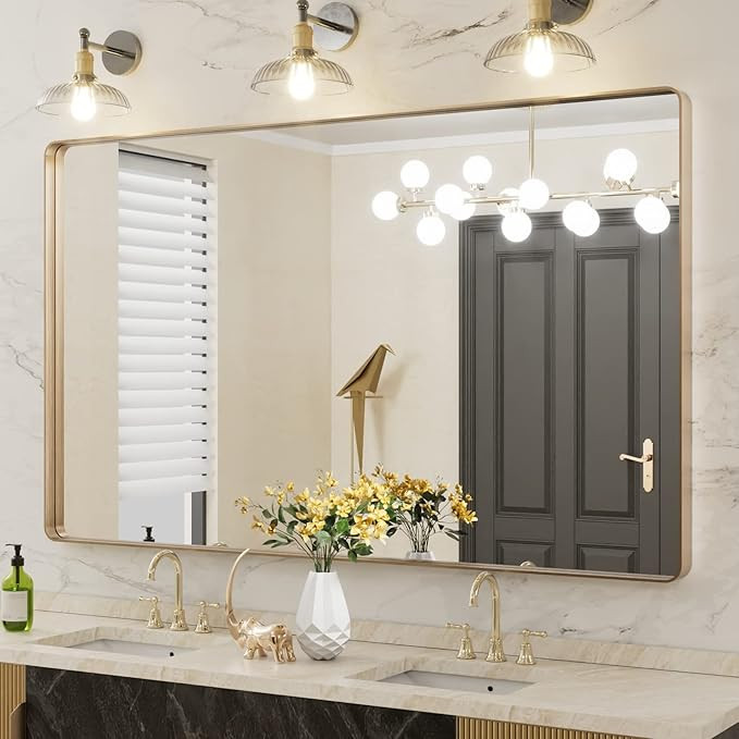 LOAAO 60”X36” Gold Bathroom Mirror, Rounded Rectangle Gold Frame Mirror, Brushed Gold Bathroo... | Amazon (US)