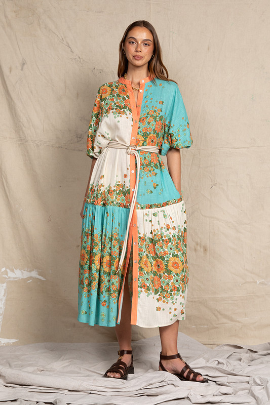 Poseidon Ruffle Midi Dress in Spliced | Bohemian Traders