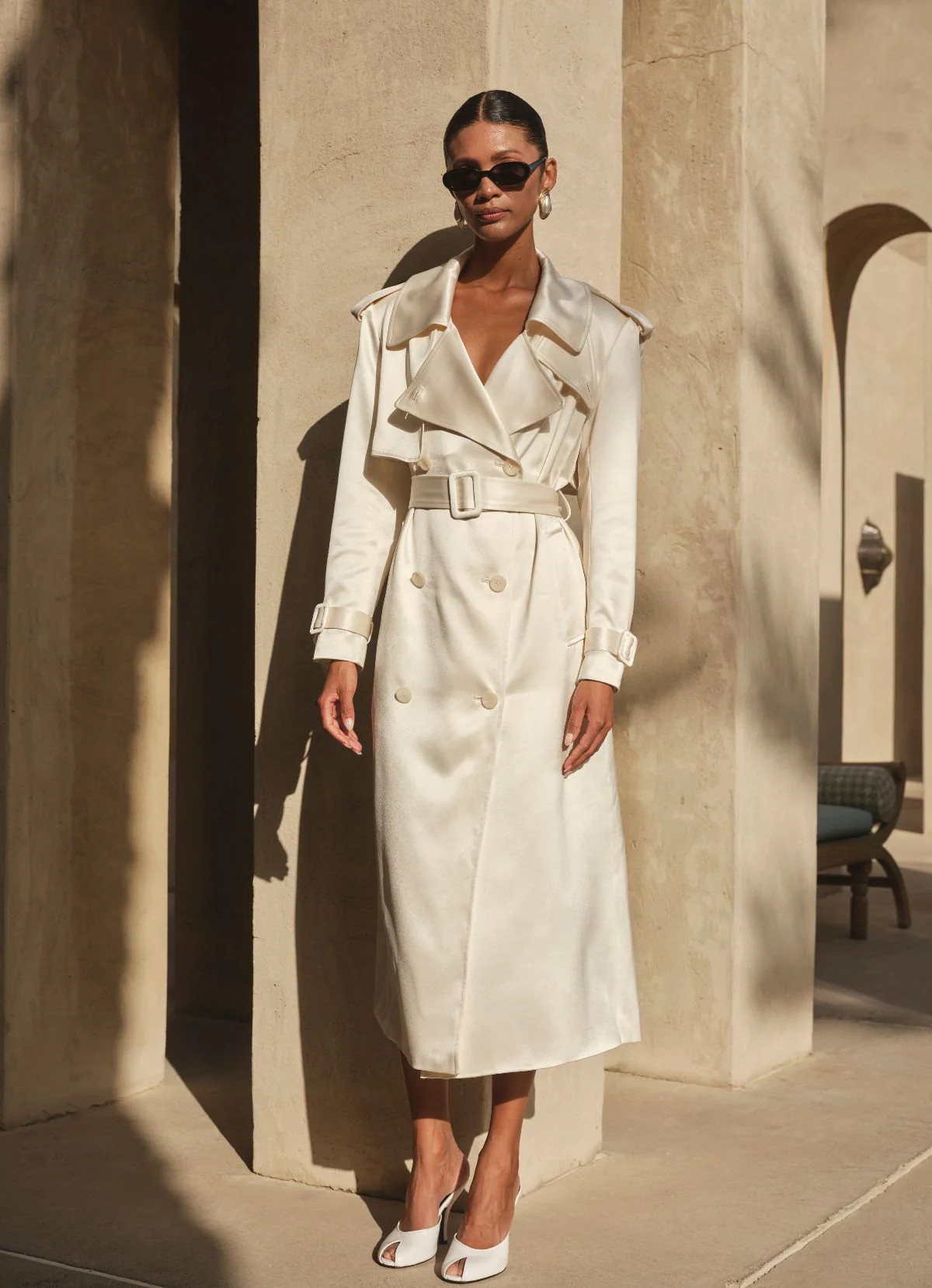 Ivory Satin Trench Coat | DE SAVARY LONDON
