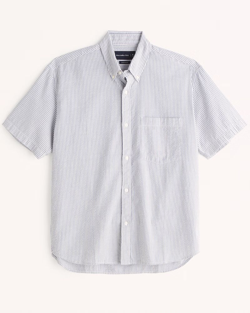 Abercrombie & Fitch Men's Seersucker Button-Up Shirt in Light Blue Stripe - Size L | Abercrombie & Fitch (US)