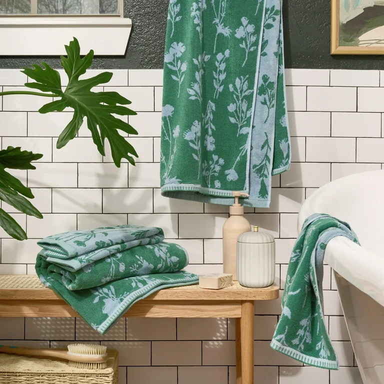 Beautiful by Drew Barrymore 4-Piece Floral Bath Towel Set, 100% Cotton, Pine Green | Walmart (US)