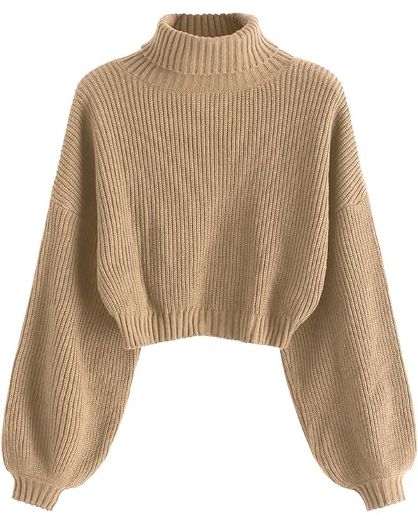 ZAFUL Women's Crew Neck Long Sleeve Pullover Crop Sweater Mock Neck Lantern Sleeve Ribbed Knit Ju... | Amazon (US)