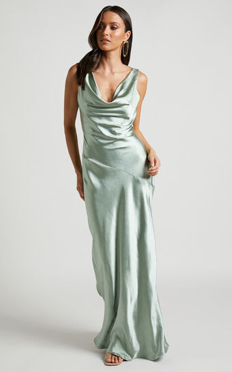 Adilah Maxi Dress - Cowl Neck Satin Dress in Pistachio | Showpo (ANZ)