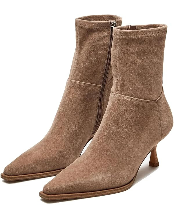 Womens Brown Suede Fall Boots Side Zip Ankle Boots Pointed Toe Mid Calf Boots Kitten Heel Boots D... | Amazon (US)