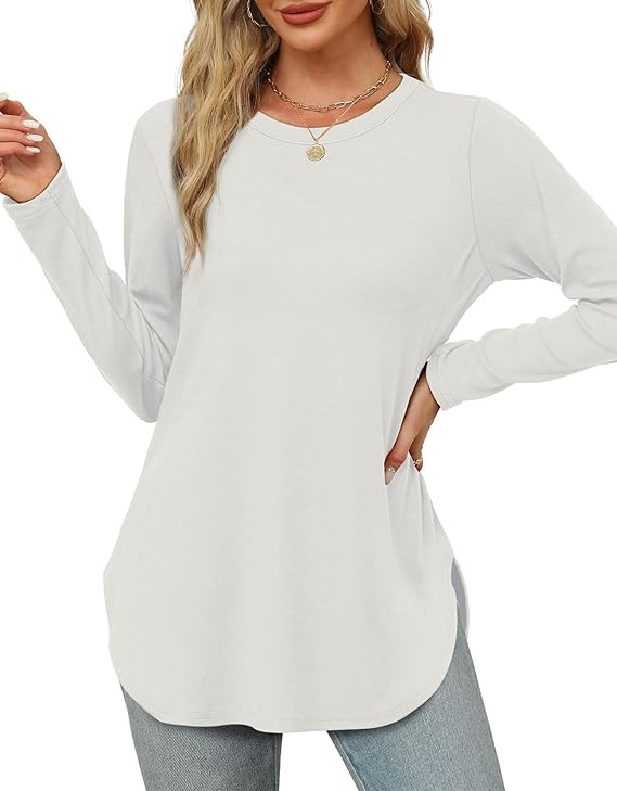 XIEERDUO Womens Long Sleeve Round Neck Shirts Side Split Basic Loose Tunic Tops Casual 2025 | Amazon (US)