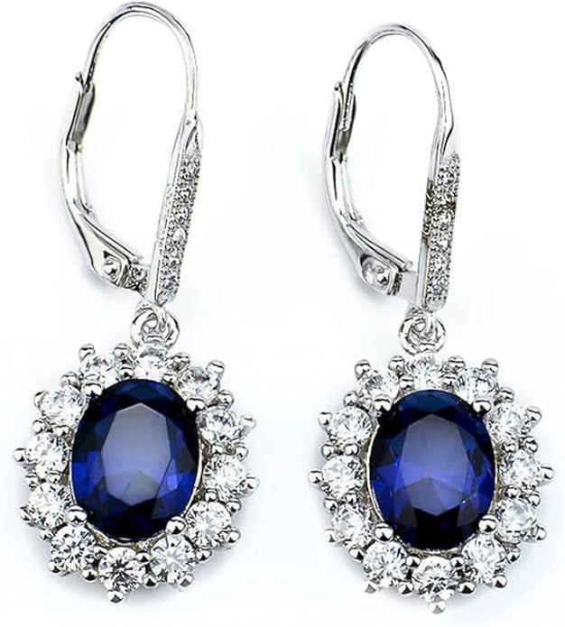 Amy & Annette Leverback Halo Sapphire Earring - 18k White Gold Earrings for Women - Great Gift Id... | Amazon (US)