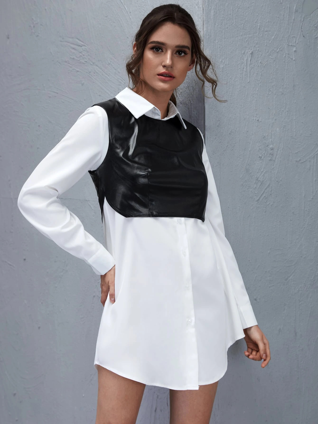 Button Front Curved Hem Dress With PU Leather Tank Top | SHEIN