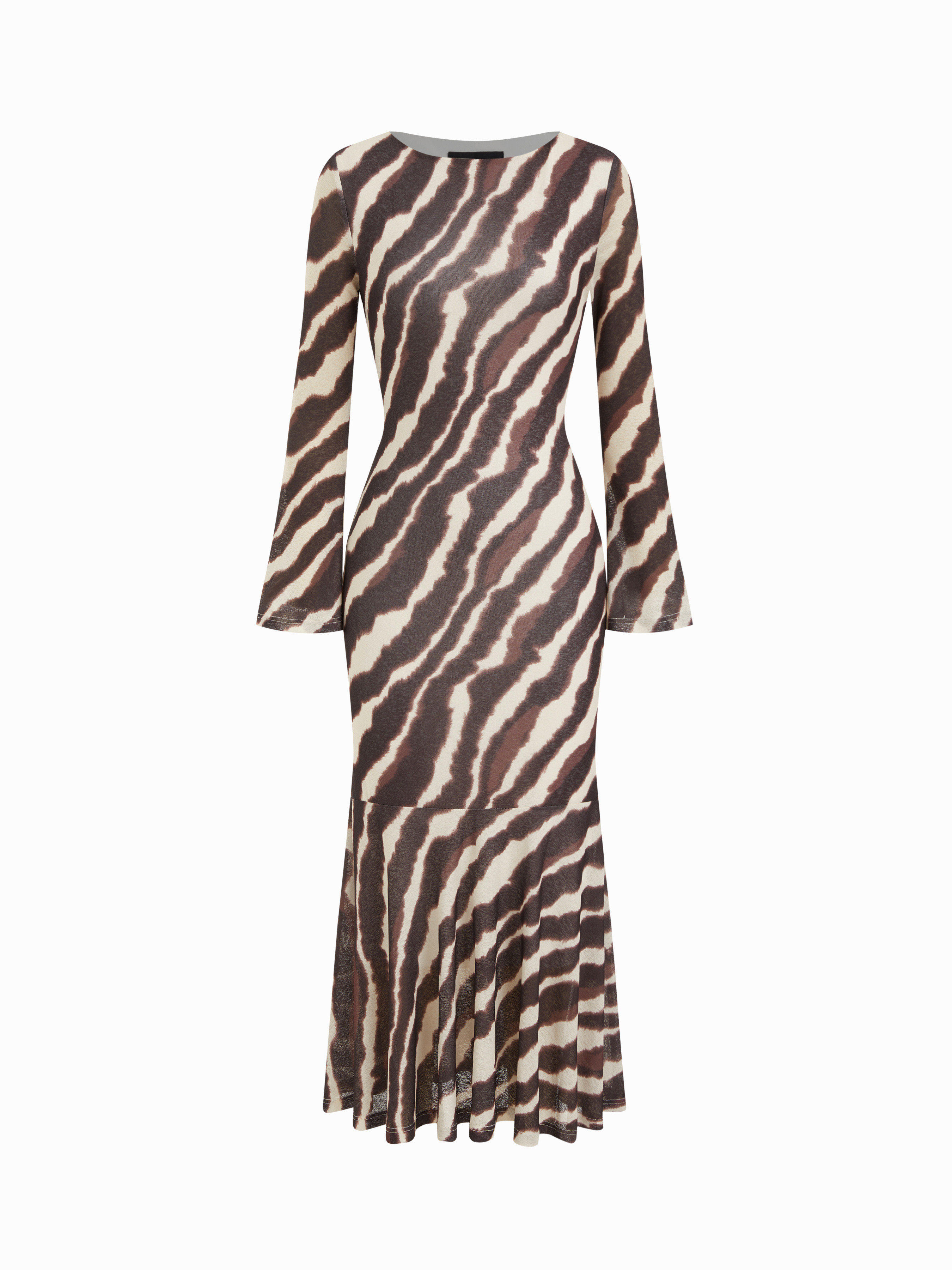 Knit Fabric Zebra Striped Boat Neck Long Sleeve Ruffle Hem Maxi Dress For Work | Cider
