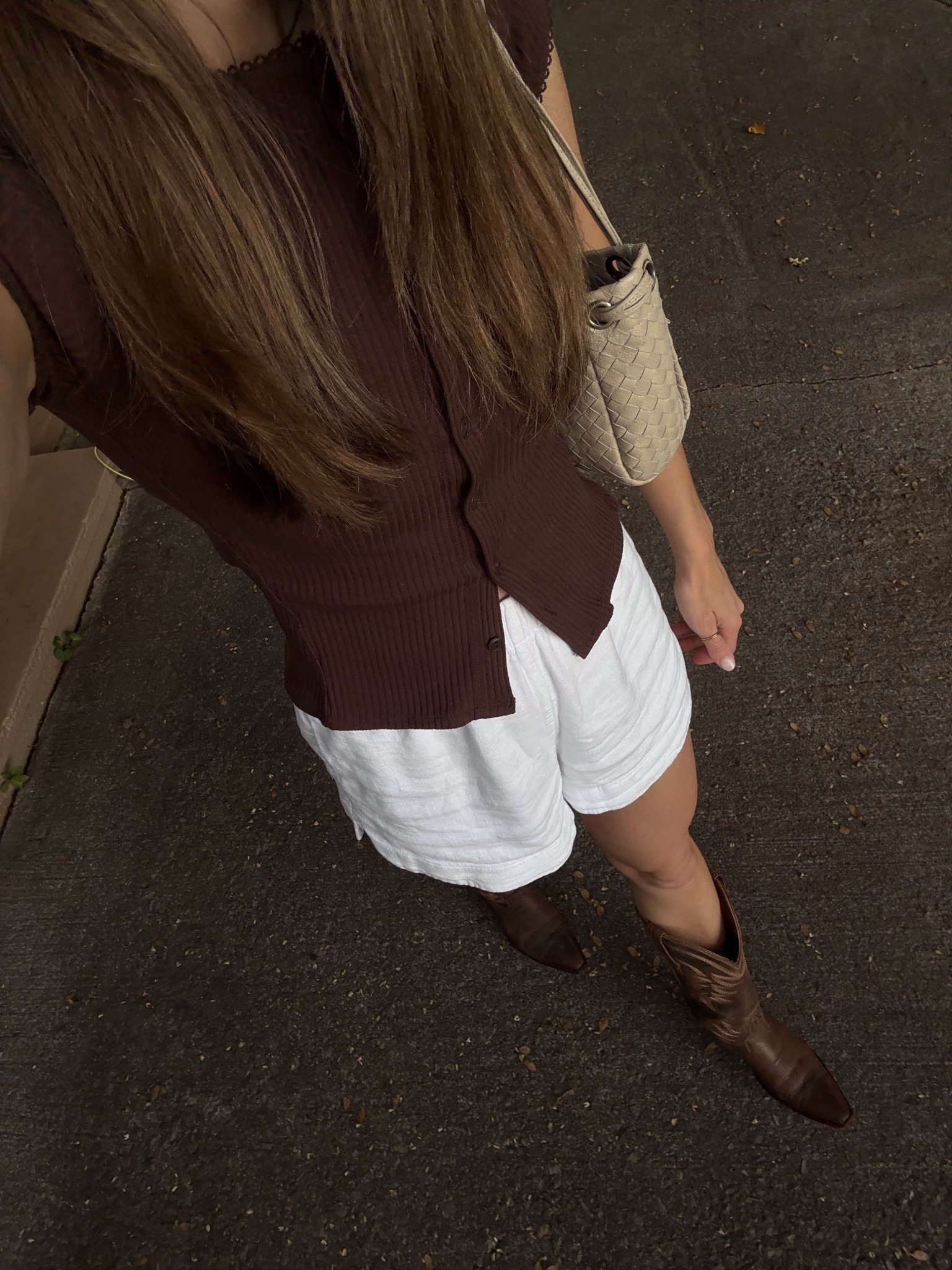 Transitional fall outfit 🤎 small in top and shorts, sized down half in boots! 