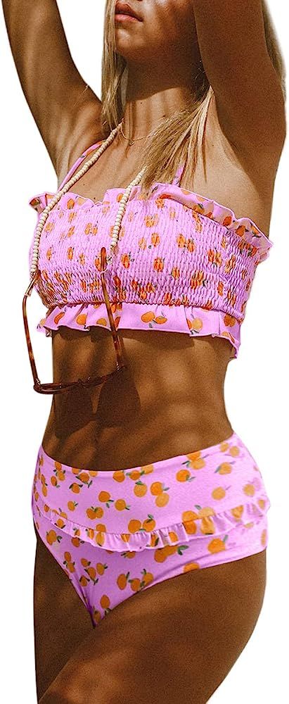 Women Cute High Waist Strapless Smocked Bikini Sets Swimsuit Bathing Suit | Amazon (US)