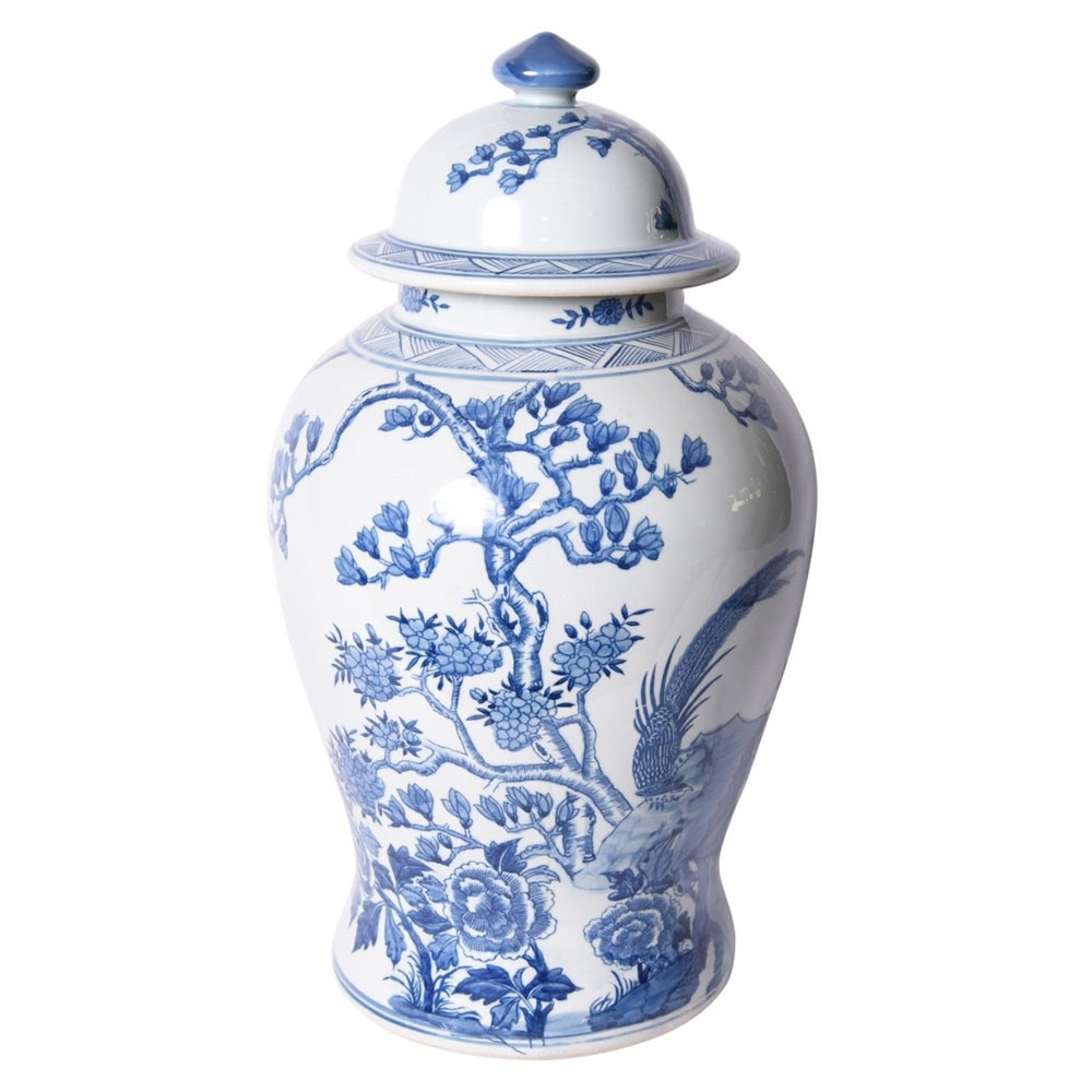 Amalia French Country Blue Magnolia White Porcelain Decorative Ginger Jar | Kathy Kuo Home