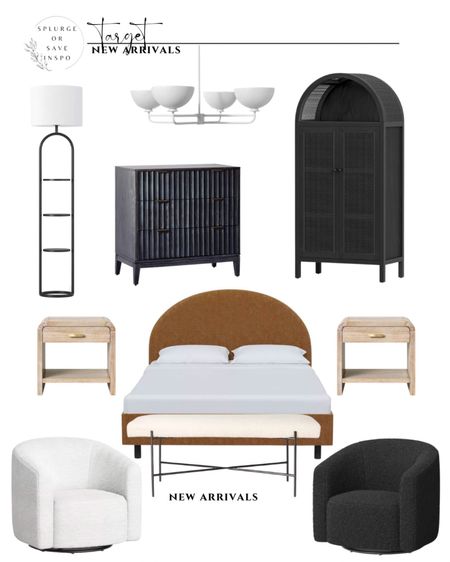 Upholstered bed arched. Arched cabinet black. Bedroom furniture. Swivel accent chair white. Modern accent chair black. Boucle bench modern. Light wood night stand oak. Fluted dresser black. White chandelier modern. Floor lamp black. 

#LTKsalealert #LTKhome #LTKFind