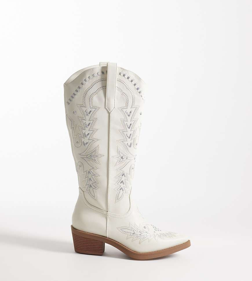 Glamorous Wide Fit embroidered western knee boots in cream-White | ASOS (Global)