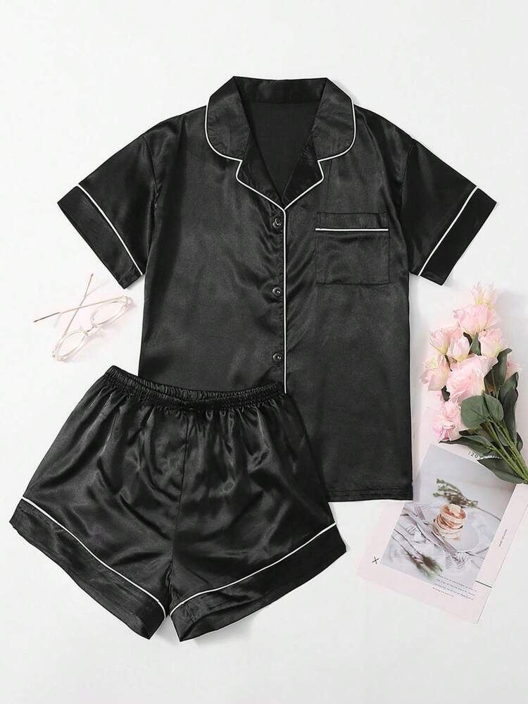 Plus Contrast Binding Satin Pajama Set | SHEIN