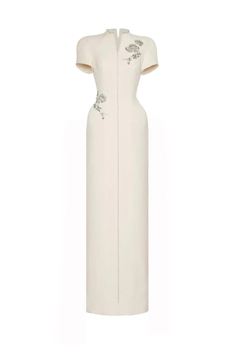 EIRLYS SHEATH PUFFY SLEEVED CREPE FLOOR LENGTH DRESS | Maison Des Copains | CULT MIA | CULT MIA UK LTD