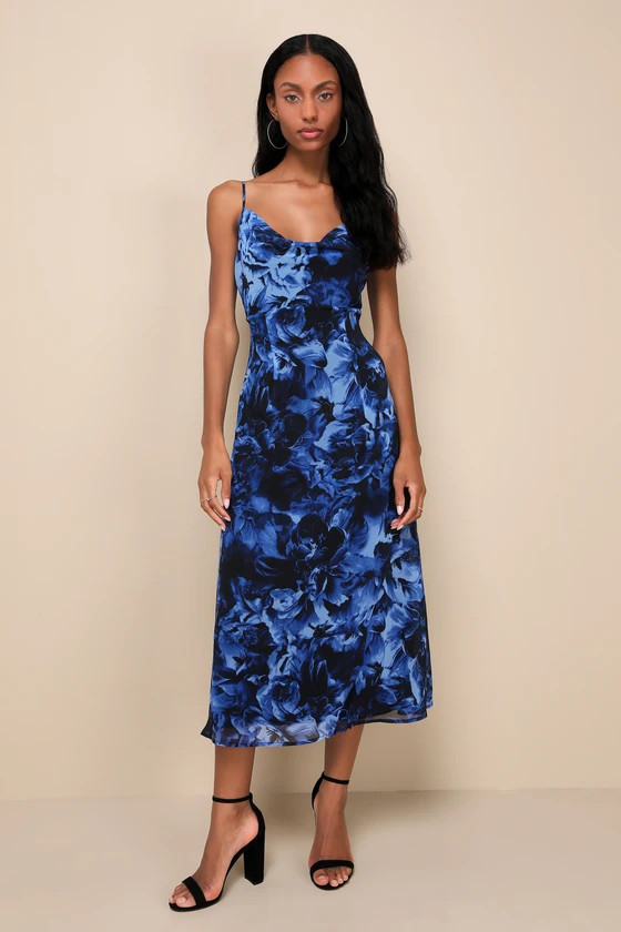 Beautiful Persona Blue Floral Chiffon Cowl A-Line Midi Dress | Lulus