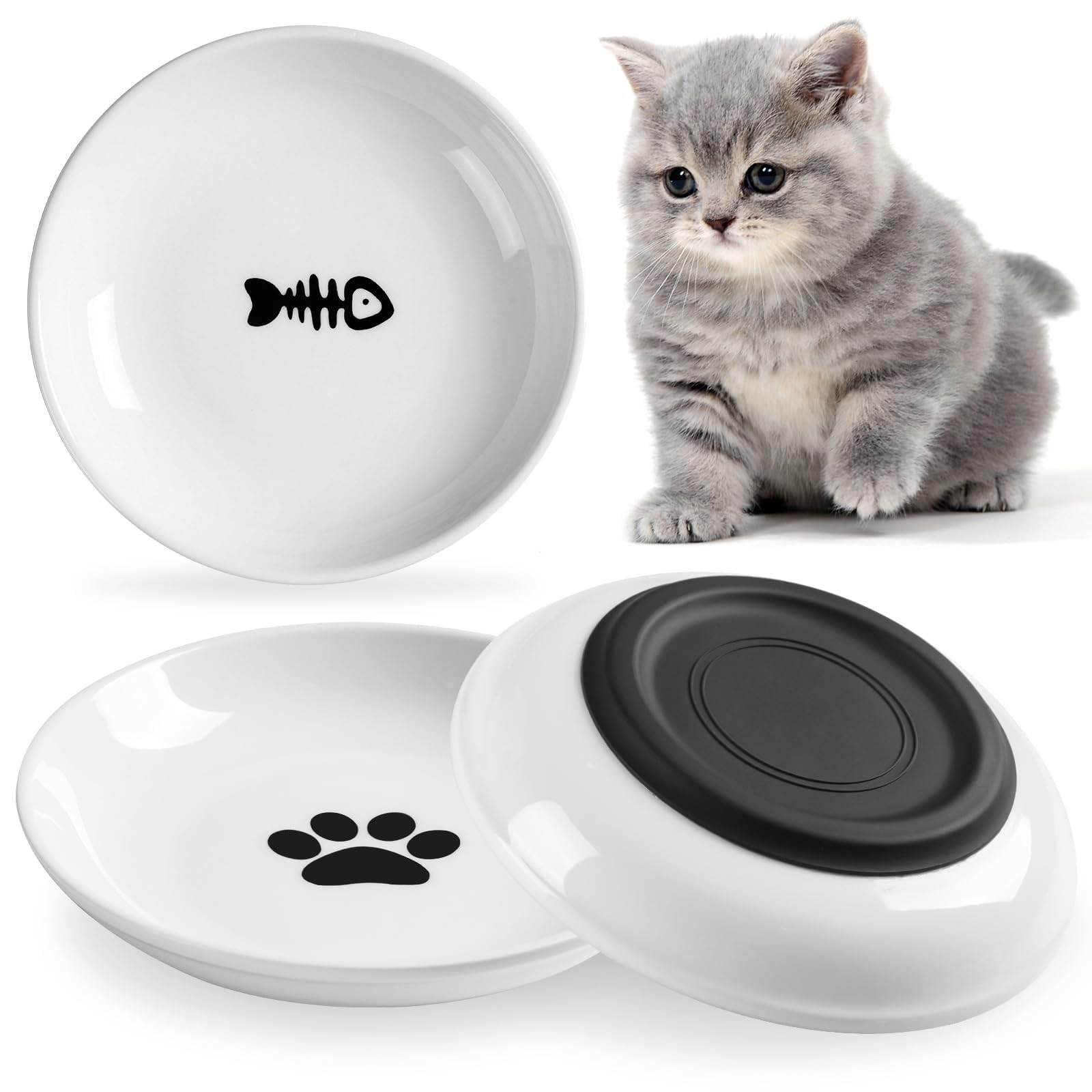 Cat Food Bowl,Healthy Ceramic Cat Bowls for Indoor Cats,Anti Whisker Fatigue Cats Dishes Set,Shallow Wide Kitten Plates for Food and Water,Non-Slip Silicone Bottom,3 Pack | Amazon (US)