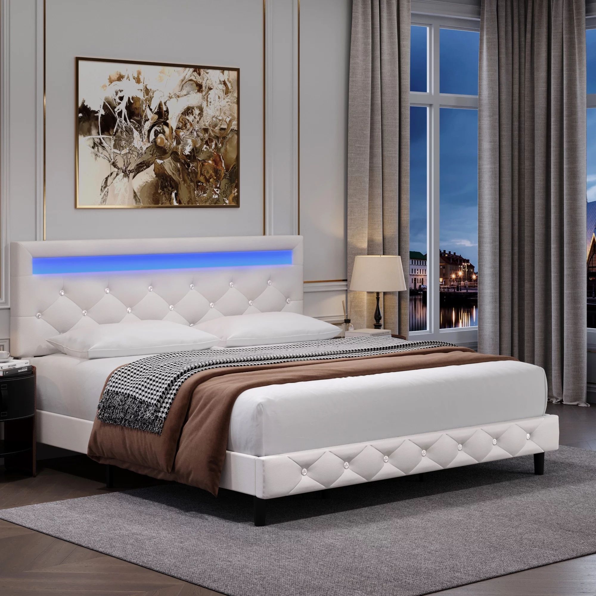 Homfa Queen Size LED Bed, PU Crystal Buckle Upholstered Platform Bed Frame with Adjustable Headbo... | Walmart (US)