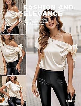 VIDUSSA Women's Off Shoulder Silk Tops Casual Short Sleeve Asymmetrical Neck Satin Blouse Shirts | Amazon (US)