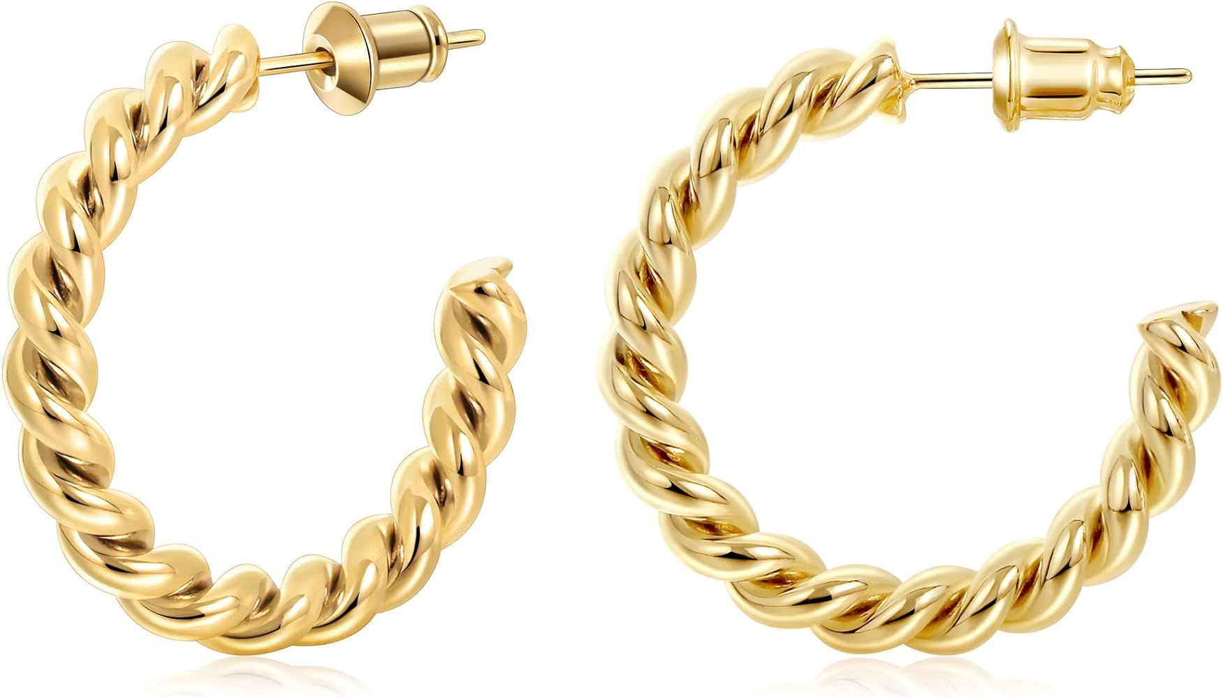 Gacimy Twisted Gold Hoop Earrings for Women 14K Real Gold Plated, 925 Sterling Silver Post Chunky... | Amazon (US)