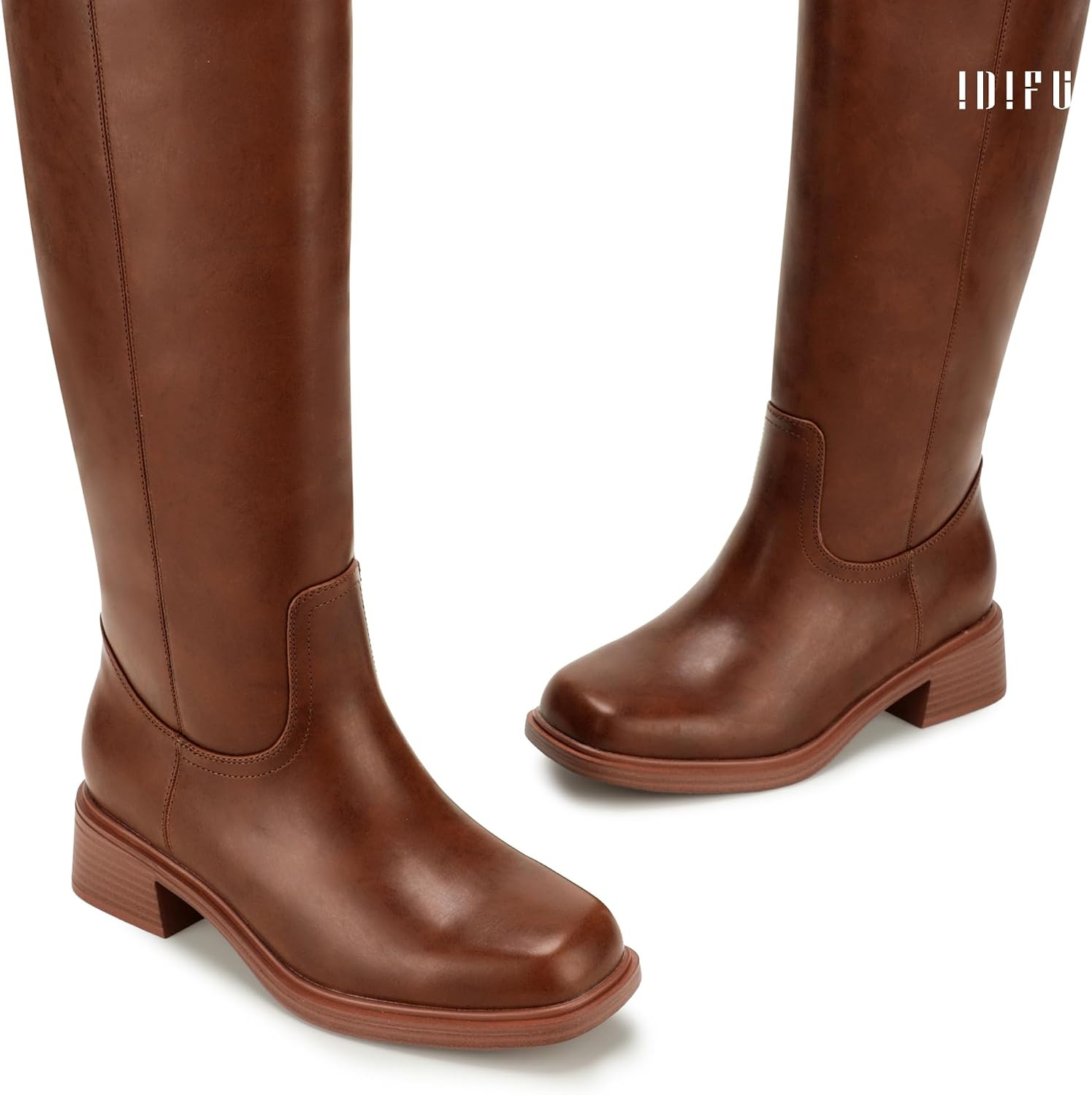 IDIFU Women's Knee High Boots Square Toe Chunky Block Low Heel Fall Boots | Amazon (US)