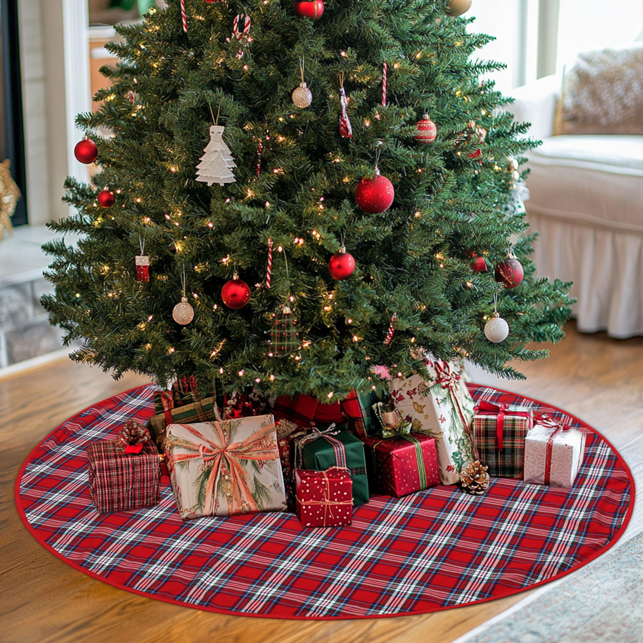 COTTON CRAFT Christmas Tree Skirt - 100% Cotton 48 inches Round Woven Tartan Plaid Holiday Tree S... | Amazon (US)