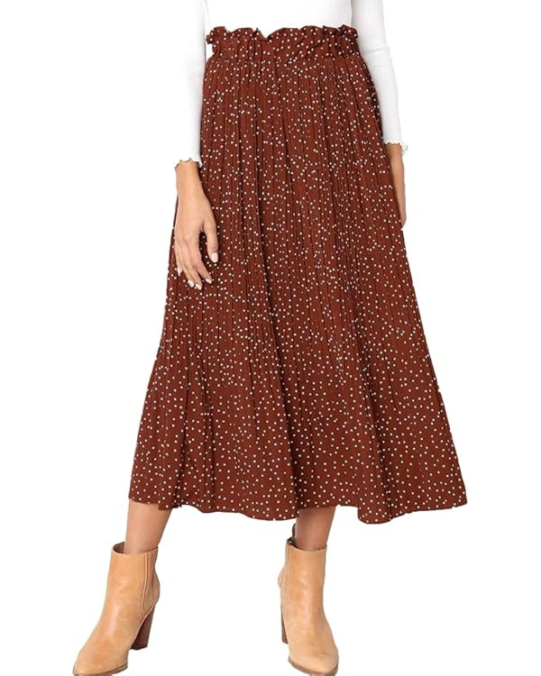 EXLURA Womens High Waist Polka Dot Pleated Maxi Skirt Midi Swing Skirt Beach Vacation Cruise Outf... | Amazon (US)