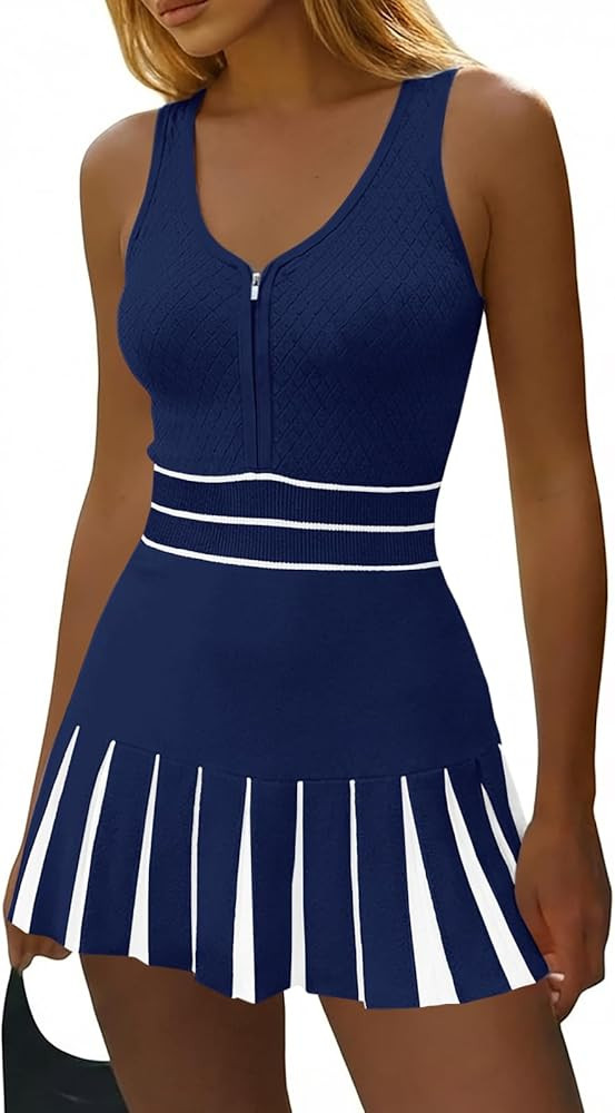 Fisoew Womens Tennis Mini Dress Summer Sleeveless Half Zipper Elastic Waist Athletic Workout Knit... | Amazon (US)