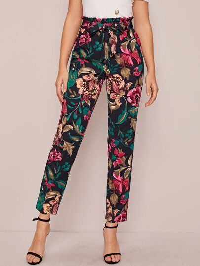 Paperbag Waist Floral Print Belted Pants | SHEIN