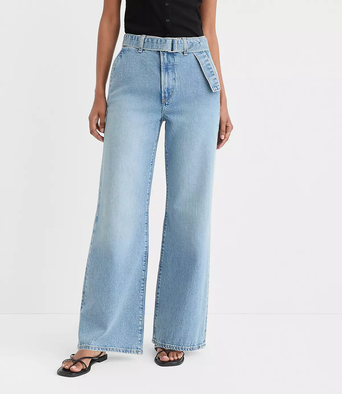Rivete Tall Belted High Rise Wide Leg Jeans in Light Wash | LOFT