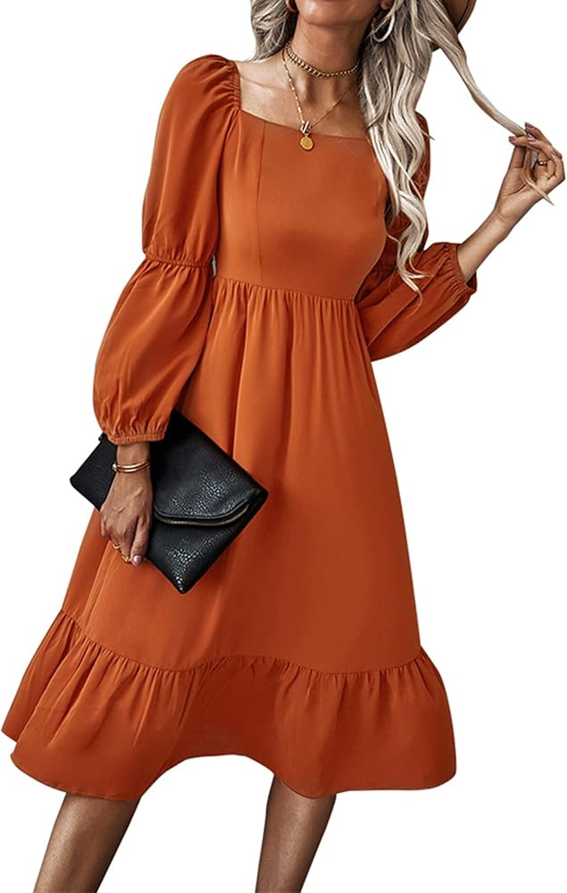 Women's Aline Flowy Midi Dress Square Neck Puff Sleeve Ruffle Swing Chiffon Long Casual Dresses | Amazon (US)