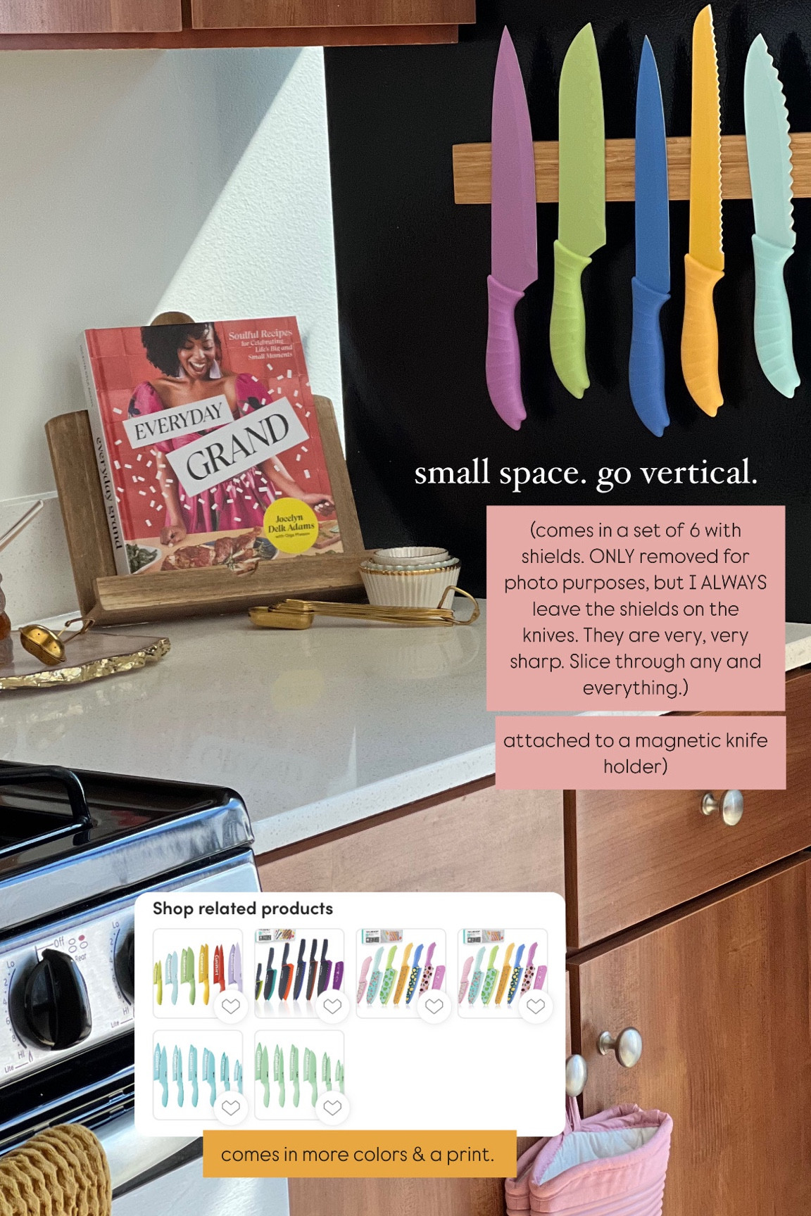 had to think outside of the box when it came to counter space. Nothing was off limits if there was an empty vertical space! 

These knives are sooooo darn cute!! One of the many ways I added color to our kitchen. They are sharp and come with shields (which I only removed them for this photo). Beautiful pastel color! 

#LTKHome
