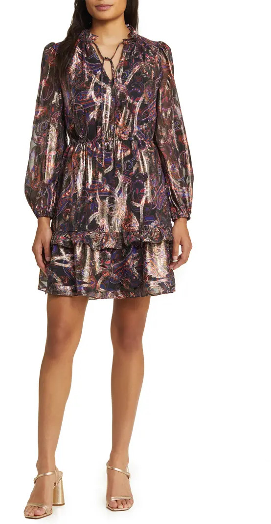 Vince Camuto Metallic Long Sleeve Chiffon Dress | Nordstrom | Nordstrom
