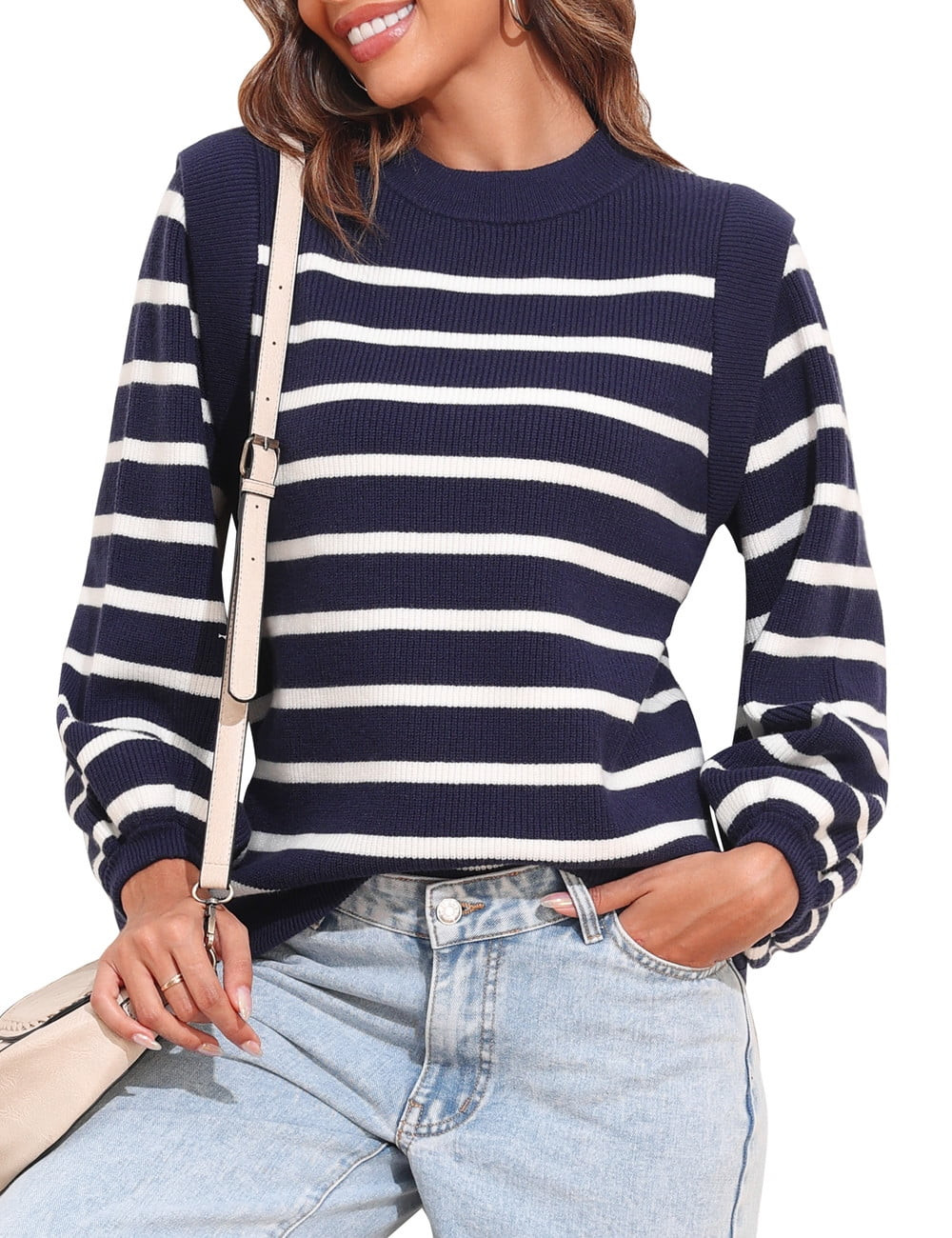 PrettyGuide Women's Casual Crewneck Lantern Sleeve Sweaters Flutter Shoulder Chunky Knit Pullover... | Walmart (US)