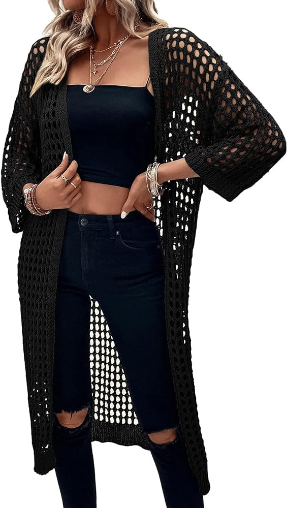 Verdusa Women's 3/4 Sleeve Long Cardigan Lightweight Hollow Out Crochet Knit Open Front Kimono | Amazon (US)