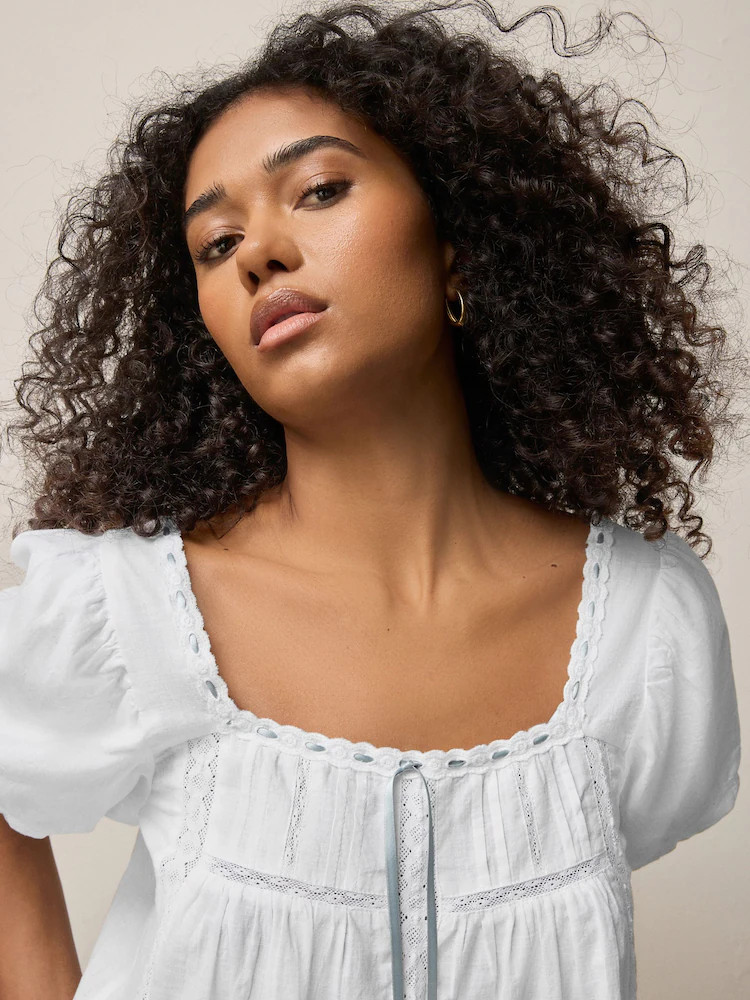 White/Blue Puff Sleeve Short Sleeve Top | Next EU