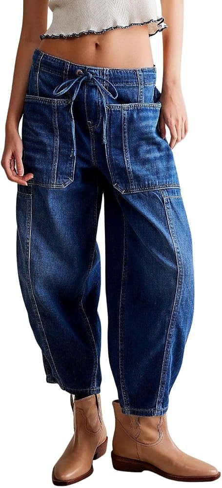 chouyatou Women's Y2k Baggy Barrel Jeans Drawstring Waist Boyfriend Wide Leg Loose Capri Denim Pa... | Amazon (US)