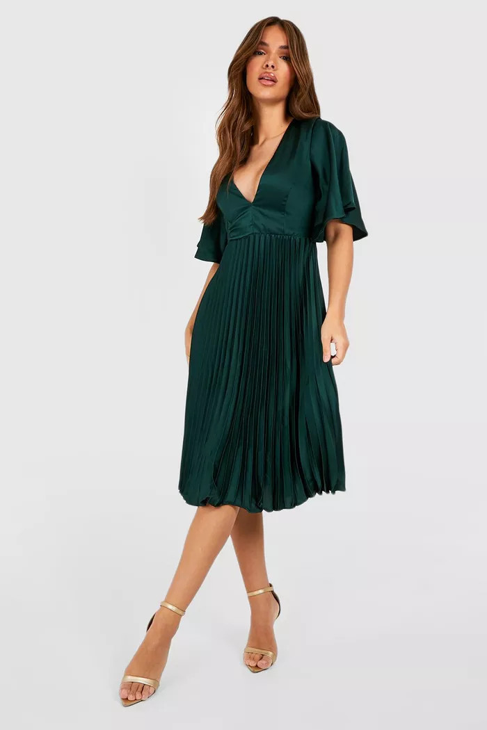 Satin Pleated Plunge Occasion Midi Dress | Boohoo.com (US & CA)