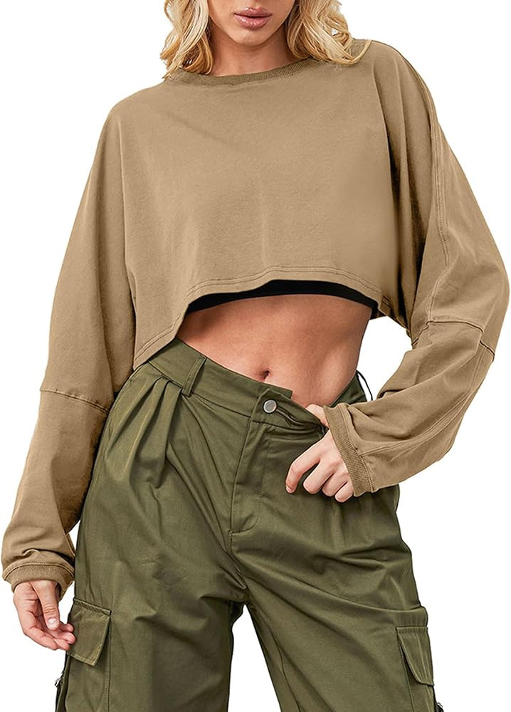 Cropped Sweatshirt Long Sleeve Crop Top Workout Oversized Sweatshirt Loose Crop Tops For Women Cr... | Amazon (US)