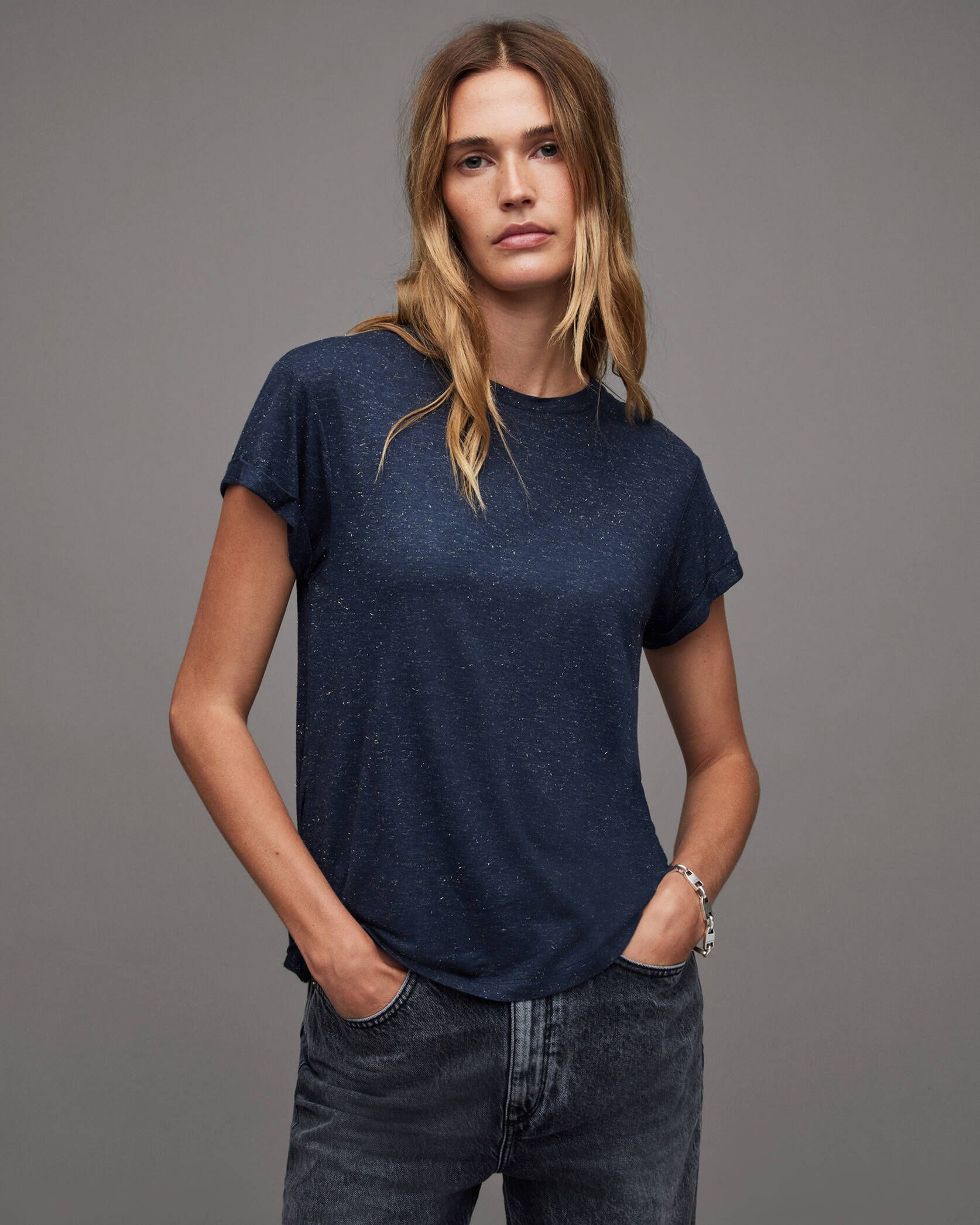 Anna Shimmer Crew Neck T-Shirt Black | ALLSAINTS US | AllSaints US