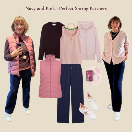 Spring combination navy wide leg trousers, pink vest top, hoodie and gilet. Pink and white trainers, pink Apple Watch 

#LTKSeasonal #LTKover40 #LTKstyletip